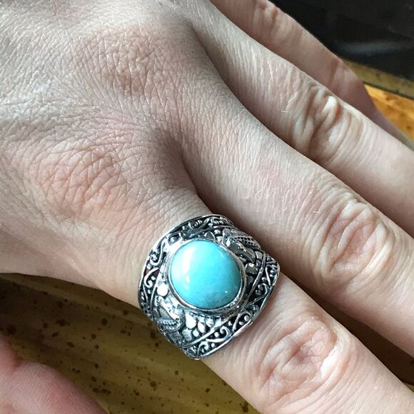Natural Larimar Sterling Silver Seahorse Ring Size 9.25 - Picture 3 of 8